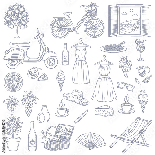 A collection of italian summer icons including a scooter, bicycle, and beach chair