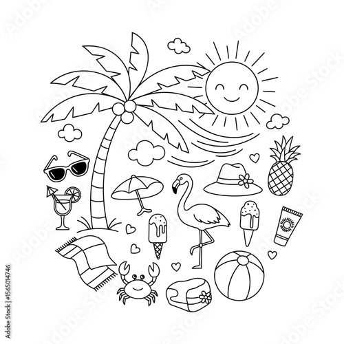 A collection of summer beach icons including a palm tree, sun, and flamingo, isolated on white background