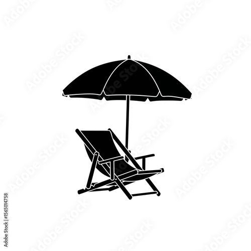 A black silhouette of a beach chair under an umbrella, isolated on white background