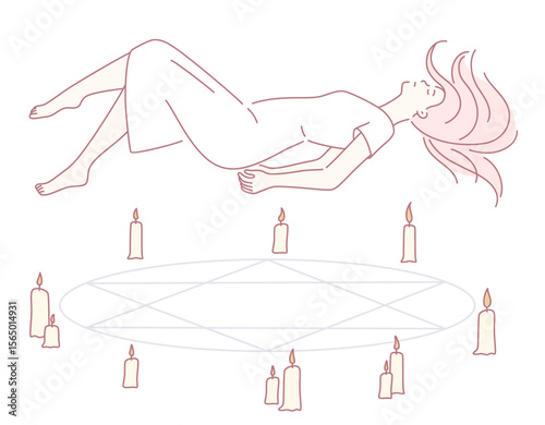 A serene illustration shows a graceful woman levitating among glowing candles, evoking mystical energy and calmness