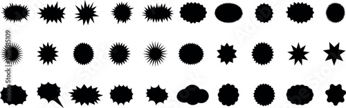 variety of comic burst shapes, small black silhouette icons of explosions, starbursts, and boom effects