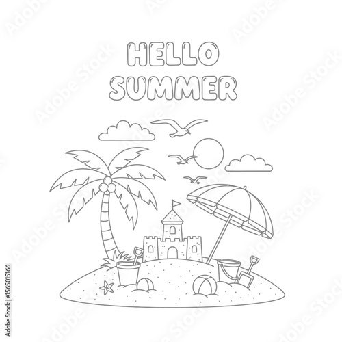 A whimsical hello summer scene with a sandcastle, palm tree, and beach toys, isolated on white background