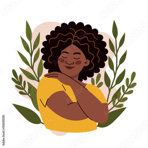Black woman embracing herself in flat vector style. Illustration about self-love, confidence, and empowerment. Perfect for body positivity, mental health, and diversity themes. Clean, modern design