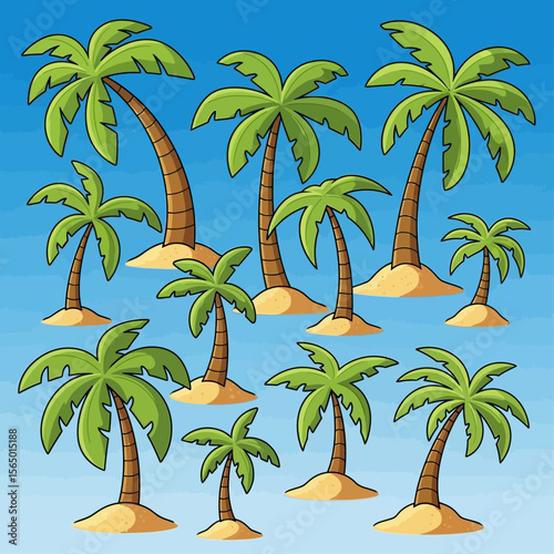 A collection of cartoon palm trees with green leaves and brown trunks on small sand islands against a blue gradient background