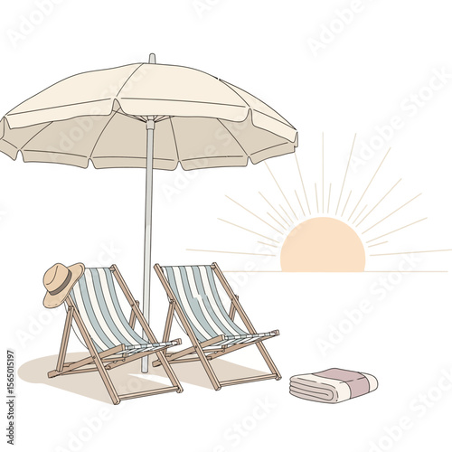 Two beach chairs under a large umbrella with a hat and towel, isolated on white background, evoking a relaxing summer scene