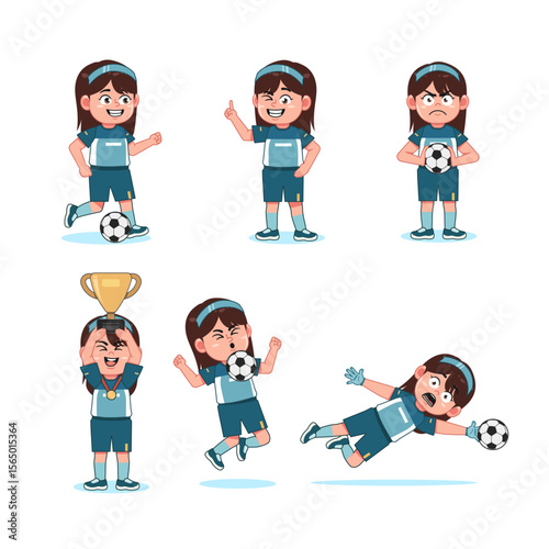 Cute Girl Character Cartoon Playing Football with different pose collections