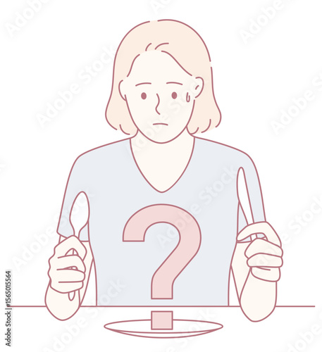 An illustration depicting a perplexed individual who is deeply contemplating a meal with visible uncertainty