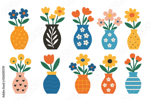 Colorful floral arrangements in vases vector illustration for home decor and poster design