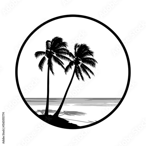 Two palm trees silhouetted against the sea in a tropical island scene within a circle