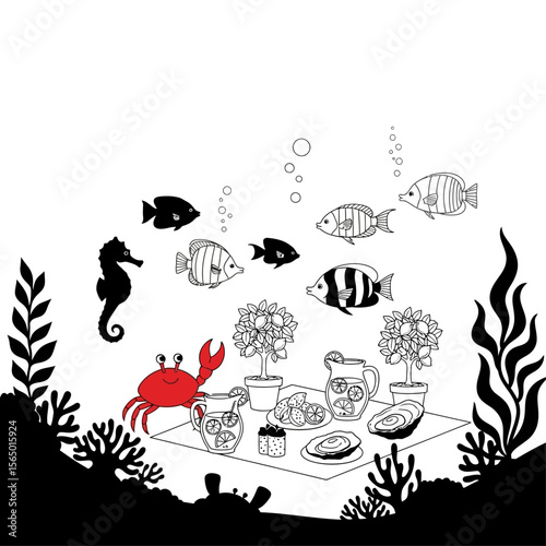 A whimsical underwater picnic scene with a crab, seahorse, and various fish enjoying lemonade and seafood