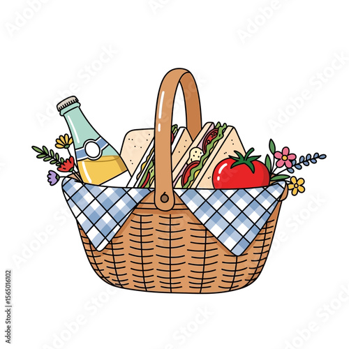 A picnic basket filled with sandwiches, a bottle, and a tomato, adorned with flowers isolated on white background
