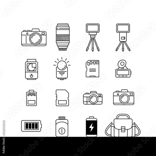 A collection of photographic equipment icons including cameras, lenses, tripods, and accessories isolated on white background