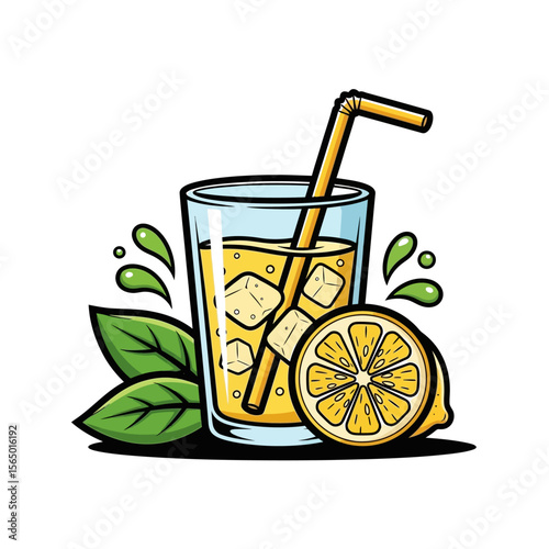 A glass of lemonade with ice and a lemon slice isolated on white background, complete with a straw