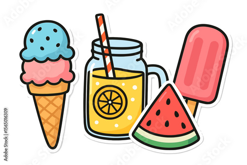 Summer treats vector illustration: ice cream, lemonade, watermelon, and popsicle sticker design