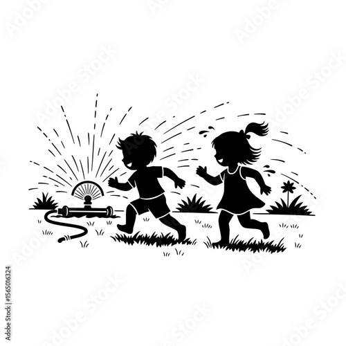 A boy and girl are running through a sprinkler on a lawn, isolated on white background