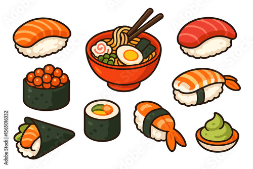 Japanese cuisine vector illustration with sushi and ramen - perfect for food posters and print designs