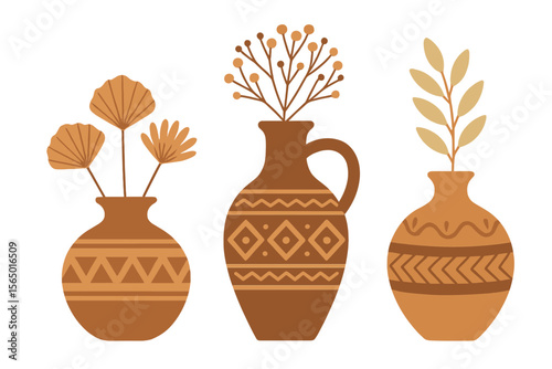 Rustic pottery with tribal patterns: vector illustration for interior design and decor prints
