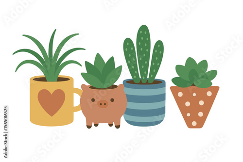 Collection of cute succulent plants in decorative pots vector illustration for home decor and design