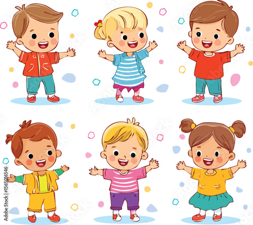 A set of six cute cartoon toddlers in various playful poses, wearing colorful modern clothes D