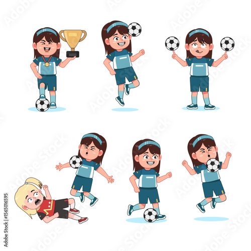Cute Girl Long Hair Character Playing Football with different pose set