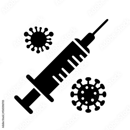Minimalist Black SVG Silhouette of a Vaccine Syringe with Virus Symbol for Health and Immunization Design Projects