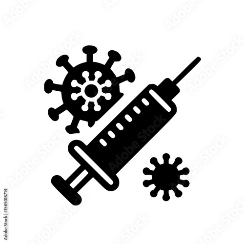 Minimalist Black SVG Silhouette of a Vaccine Syringe with Virus Symbol for Health and Immunization Design Projects