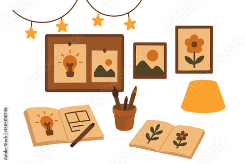 Cozy night art studio vector illustration with warm lighting and creative inspiration for home decor design