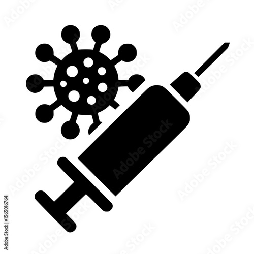 Minimalist Black SVG Silhouette of a Vaccine Syringe with Virus Symbol for Health and Immunization Design Projects