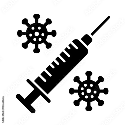 Minimalist Black SVG Silhouette of a Vaccine Syringe with Virus Symbol for Health and Immunization Design Projects