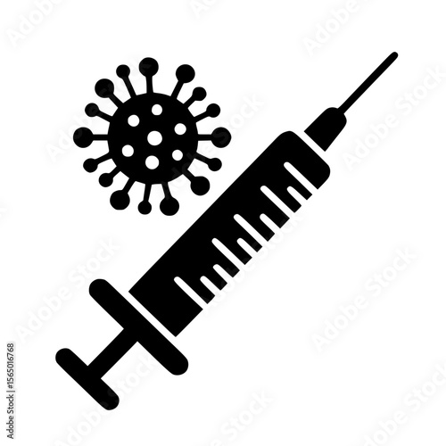 Minimalist Black SVG Silhouette of a Vaccine Syringe with Virus Symbol for Health and Immunization Design Projects