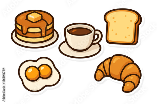 Delicious breakfast foods vector illustration: pancakes, coffee, toast, eggs, and croissant in cartoon style