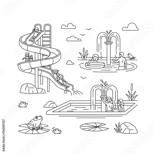 People enjoying a waterpark with slides, pools, and fountains in a line drawing