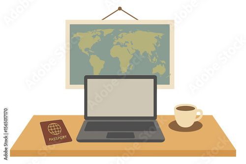 Travel planning workspace vector illustration: flat design scene with laptop, passport, and world map