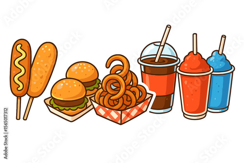 Fast food treats vector illustration: burgers, corn dogs, and drinks for menu design