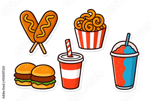 Fast food vector illustration with corn dogs, fries, burgers, and drinks in sticker style for creative designs