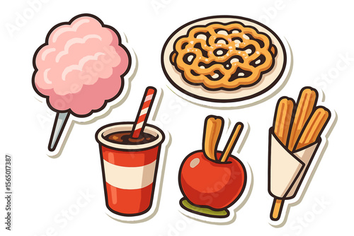 Carnival treats vector illustration: cotton candy, churros, funnel cake, apple and soda for festival design