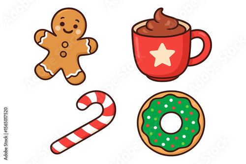 Festive holiday vector illustration of gingerbread cookie, hot chocolate, candy cane, and donut for christmas design