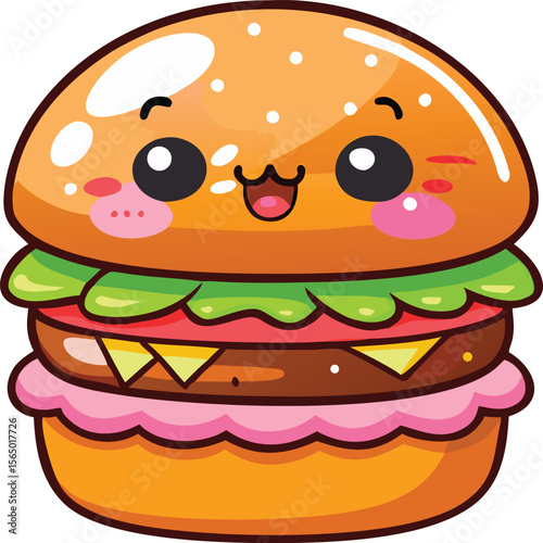 Happy cartoon cheeseburger with a cute face. Kawaii fast food vector illustration.
