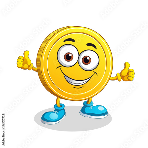 Funny and happy gold coin, cartoon character mascot with eyes and smile. Very emotional and successful coin, say okay with hand.