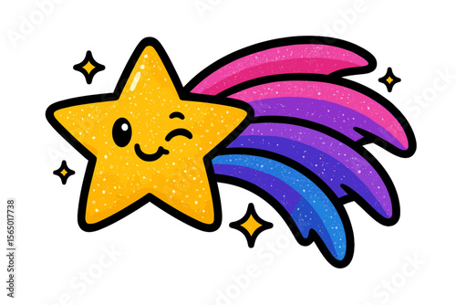 Cute winking star with rainbow trail vector illustration for kids' design and print materials