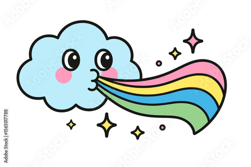 Cute cloud blowing rainbow vector illustration for kids' room decor and posters