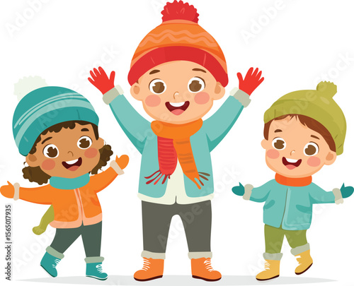 Cartoon toddlers in winter outfits, wearing hats, scarves, and gloves, standing and waving, group