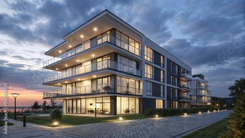 Modern apartment building with balconies at dusk with sunset sky and ambient lighting