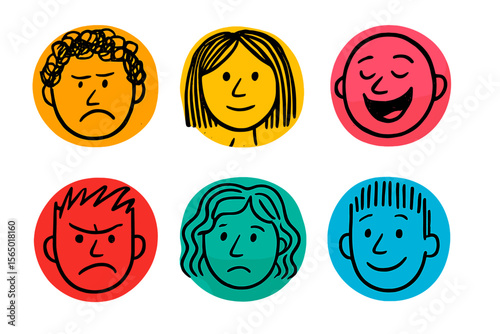 Expressive hand drawn faces vector illustration for emotional mood concept design