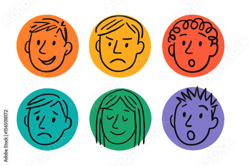 Colorful hand drawn faces vector illustration for emotions and expressions design