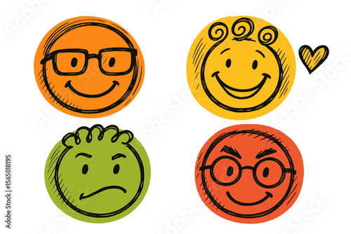 Colorful emoticons vector illustration with hand-drawn style - fun and expressive design for posters and cards