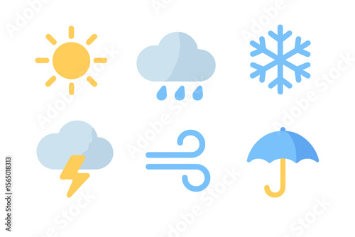 Weather icons vector illustration featuring sun, cloud, rain, snowflake, lightning, wind, and umbrella in glowing style