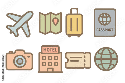 Travel and tourism vector illustration featuring airplane, map, and passport icons in flat style for design