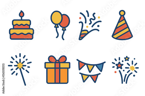 Festive celebration icons vector illustration: birthday cake, balloons, and party elements in flat style for design