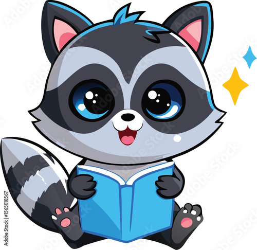 Cute cartoon raccoon reading a book. Kawaii animal student character, vector illustration for education and learning.
